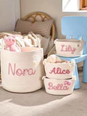 Personalized Woven Basket – Custom Name Storage Basket for Baby Toys, Nursery Organizer or Pet Toy Bin, Handmade Gift