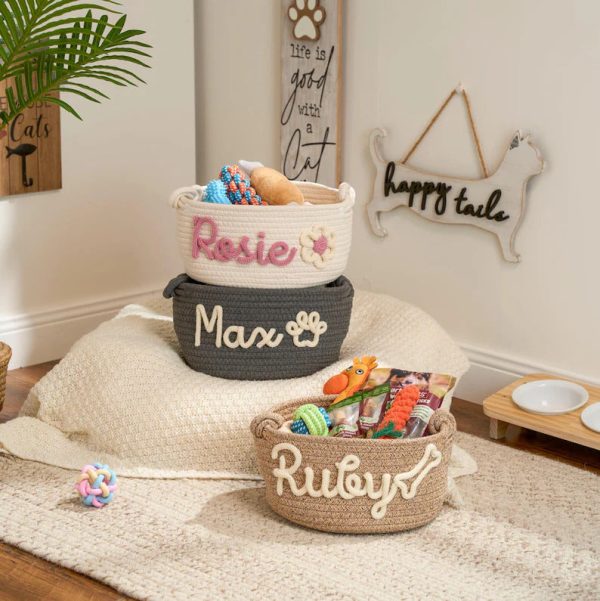 Personalized Pet Toy Basket – Custom Woven Storage Basket with Name, Dog or Cat Toy Organizer, Pet Gift Basket