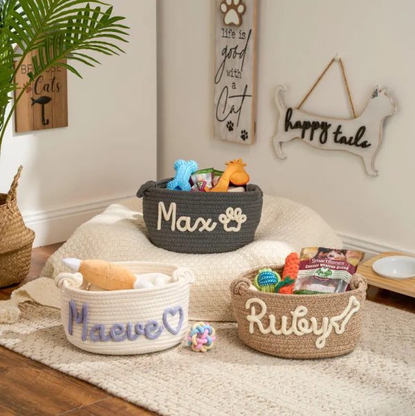 Personalized Pet Toy Basket – Custom Woven Storage Basket with Name, Dog or Cat Toy Organizer, Pet Gift Basket