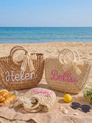 Personalized Mother Daughter Straw Bag Set, Custom Large Beach Tote & Small Crossbody, Matching Mommy and Me Summer Bags, Gift for Her