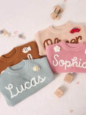 Personalized Baby Sweater – Custom Name Knit Jumper, Handmade Toddler Sweatshirt, Baby Shower Gift