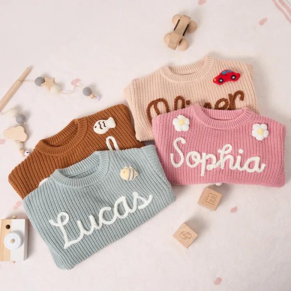 Personalized Baby Sweater – Custom Name Knit Jumper, Handmade Toddler Sweatshirt, Baby Shower Gift