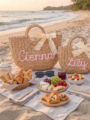Personalized Mother Daughter Straw Bag Set, Custom Large Beach Tote & Small Crossbody, Matching Mommy and Me Summer Bags, Gift for Her