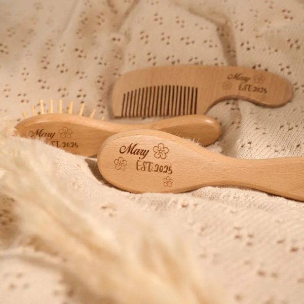 Baby Haarbürste Set personalisiert, Holz Babybürste & Massagebürste, Gravur mit Name, Neugeborenen Geschenk, Wooden Baby Brush Set