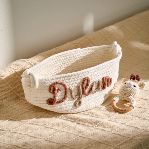 Personalized Baby Gift Set – Custom Name Basket and Crochet Rattle, Handmade Newborn Gift, Baby Shower Present for Boys & Girls