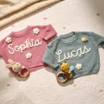 Personalized Baby Gift Set – Custom Name Sweater and Crochet Rattle, Handmade Newborn Gift, Baby Shower Present for Boys & Girls