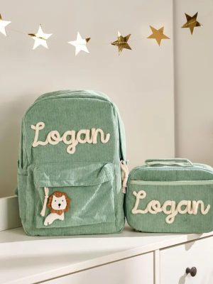 Personalized Corduroy Backpack and Lunch Bag Set – Custom Name School Bag for Kids, Toddler Preschool Bag, Back to School Gift