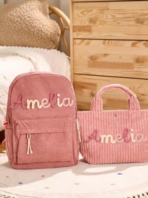 Personalized Corduroy Backpack and Tote Bag Set – Custom Kids Name School Bag, Toddler Preschool Gift, Back to School Essentials