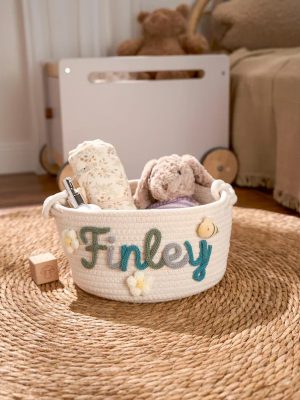 Personalized Woven Basket – Custom Name Storage Basket for Baby Toys, Nursery Organizer or Pet Toy Bin, Handmade Gift