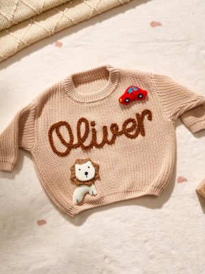 Personalized Baby Sweater – Custom Embroidered Name Knit Jumper, Handmade Toddler Sweatshirt, Baby Shower Gift