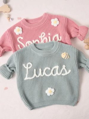 Personalized Baby Sweater – Custom Name Knit Jumper, Handmade Toddler Sweatshirt, Baby Shower Gift