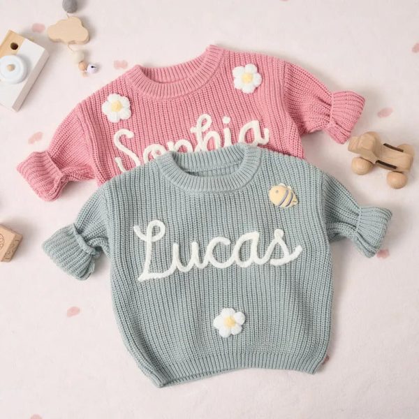 Personalized Baby Sweater – Custom Name Knit Jumper, Handmade Toddler Sweatshirt, Baby Shower Gift
