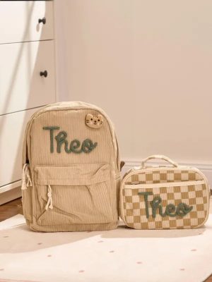 Personalized Corduroy Backpack and Lunch Bag Set – Custom Name School Bag for Kids, Toddler Preschool Bag, Back to School Gift