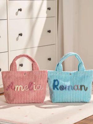 Personalized Corduroy Tote Bag – Custom Name Kids Bag, Toddler Handbag, Preschool Gift, Cute Mini Tote for Boys & Girls