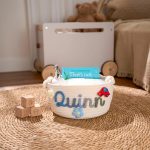 Personalized Woven Basket – Custom Name Storage Basket for Baby Toys, Nursery Organizer or Pet Toy Bin, Handmade Gift