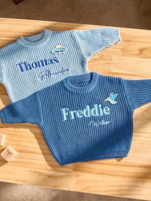 Personalized Baby Sweater – Custom Embroidered Name Knit Jumper, Handmade Toddler Sweatshirt, Baby Shower Gift