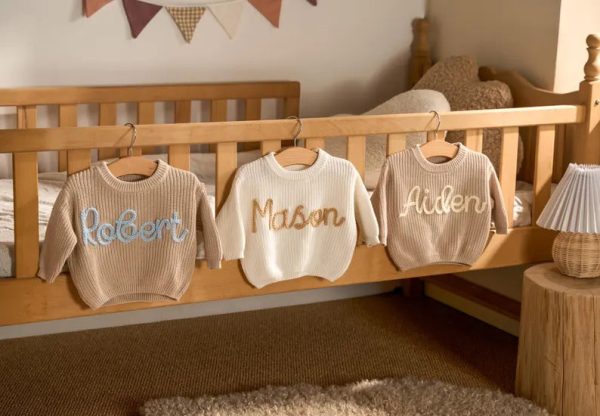 Personalized Baby Sweater – Custom Name Knit Jumper, Handmade Toddler Sweatshirt, Baby Shower Gift