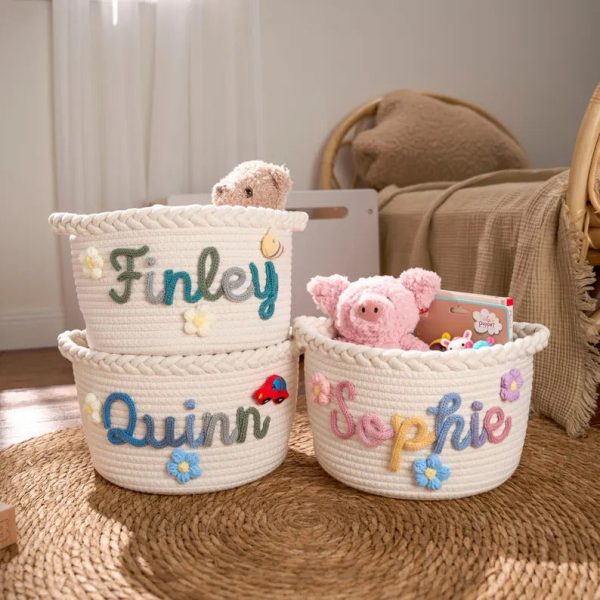 Personalized Woven Basket – Custom Name Storage Basket for Baby Toys, Nursery Organizer or Pet Toy Bin, Handmade Gift