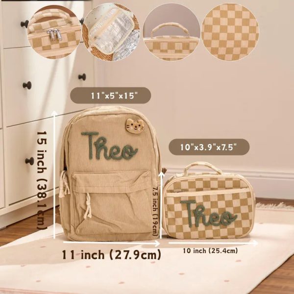 Personalized Corduroy Backpack and Lunch Bag Set – Custom Name School Bag for Kids, Toddler Preschool Bag, Back to School Gift