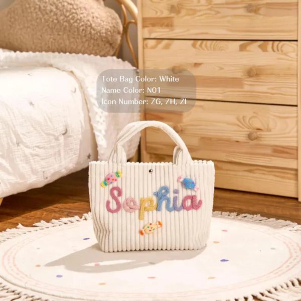 Personalized Corduroy Tote Bag – Custom Name Kids Bag, Toddler Handbag, Preschool Gift, Cute Mini Tote for Boys & Girls