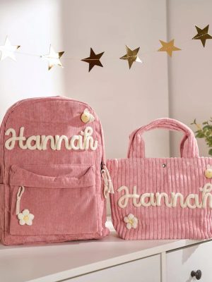 Personalized Corduroy Backpack and Tote Bag Set – Custom Kids Name School Bag, Toddler Preschool Gift, Back to School Essentials