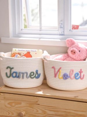 Personalized Woven Basket – Custom Name Storage Basket for Baby Toys, Nursery Organizer or Pet Toy Bin, Handmade Gift