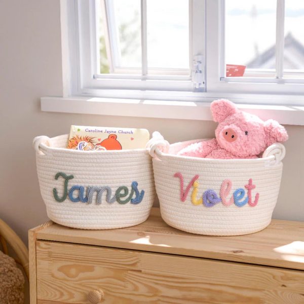 Personalized Woven Basket – Custom Name Storage Basket for Baby Toys, Nursery Organizer or Pet Toy Bin, Handmade Gift
