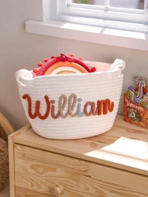 Personalized Woven Basket – Custom Name Storage Basket for Baby Toys, Nursery Organizer or Pet Toy Bin, Handmade Gift