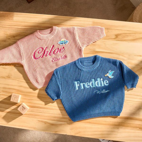 Personalized Baby Sweater – Custom Embroidered Name Knit Jumper, Handmade Toddler Sweatshirt, Baby Shower Gift
