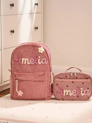 Personalized Corduroy Backpack and Lunch Bag Set – Custom Name School Bag for Kids, Toddler Preschool Bag, Back to School Gift