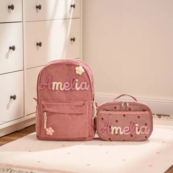 Personalized Corduroy Backpack and Lunch Bag Set – Custom Name School Bag for Kids, Toddler Preschool Bag, Back to School Gift