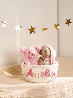 Personalized Woven Basket – Custom Name Storage Basket for Baby Toys, Nursery Organizer or Pet Toy Bin, Handmade Gift