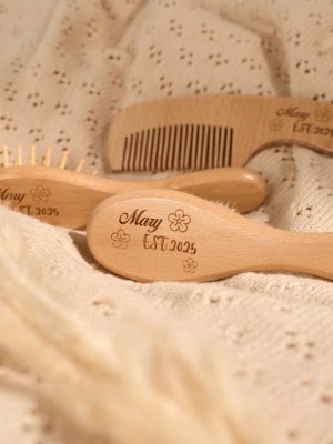 Baby Haarbürste Set personalisiert, Holz Babybürste & Massagebürste, Gravur mit Name, Neugeborenen Geschenk, Wooden Baby Brush Set
