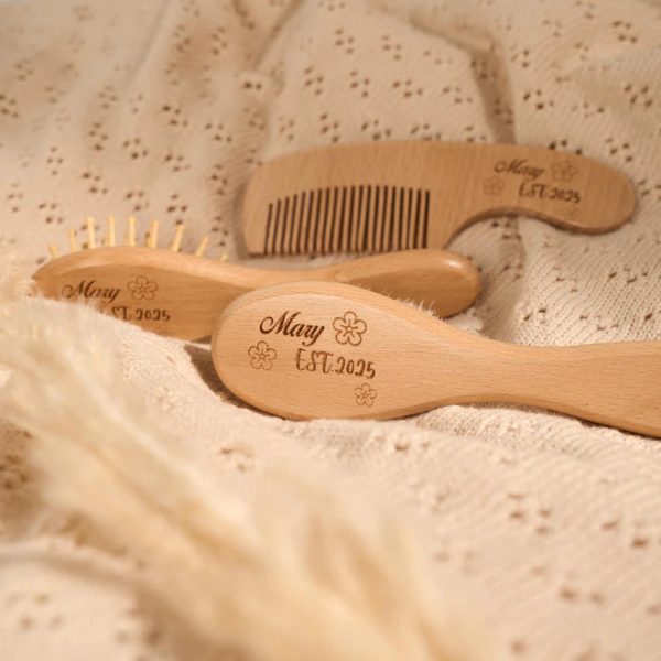 Baby Haarbürste Set personalisiert, Holz Babybürste & Massagebürste, Gravur mit Name, Neugeborenen Geschenk, Wooden Baby Brush Set