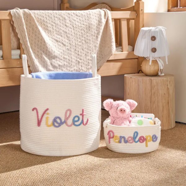 Personalized Woven Basket – Custom Name Storage Basket for Baby Toys, Nursery Organizer or Pet Toy Bin, Handmade Gift