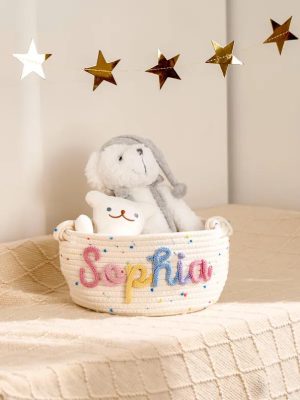 Personalized Woven Basket – Custom Name Storage Basket for Baby Toys, Nursery Organizer or Pet Toy Bin, Handmade Gift