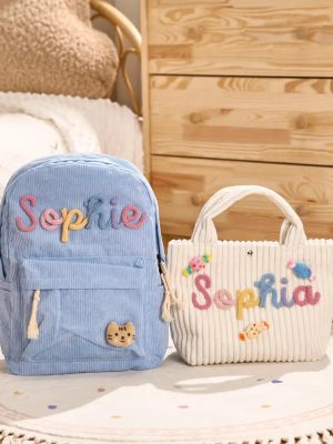 Personalized Corduroy Backpack and Tote Bag Set – Custom Kids Name School Bag, Toddler Preschool Gift, Back to School Essentials