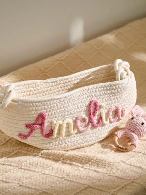 Personalized Baby Gift Set – Custom Name Basket and Crochet Rattle, Handmade Newborn Gift, Baby Shower Present for Boys & Girls