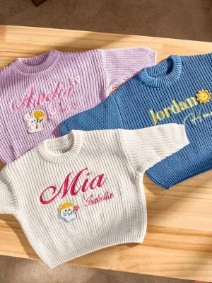 Personalized Baby Sweater – Custom Embroidered Name Knit Jumper, Handmade Toddler Sweatshirt, Baby Shower Gift