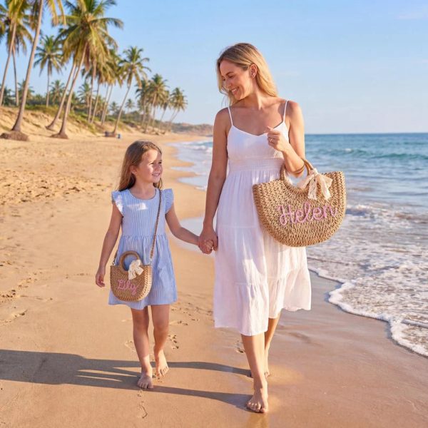 Personalized Mother Daughter Straw Bag Set, Custom Large Beach Tote & Small Crossbody, Matching Mommy and Me Summer Bags, Gift for Her