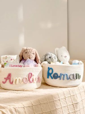 Personalized Woven Basket – Custom Name Storage Basket for Baby Toys, Nursery Organizer or Pet Toy Bin, Handmade Gift