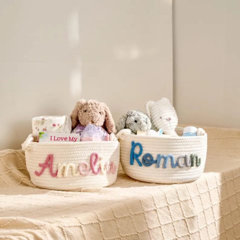 Personalized Woven Basket – Custom Name Storage Basket for Baby Toys, Nursery Organizer or Pet Toy Bin, Handmade Gift