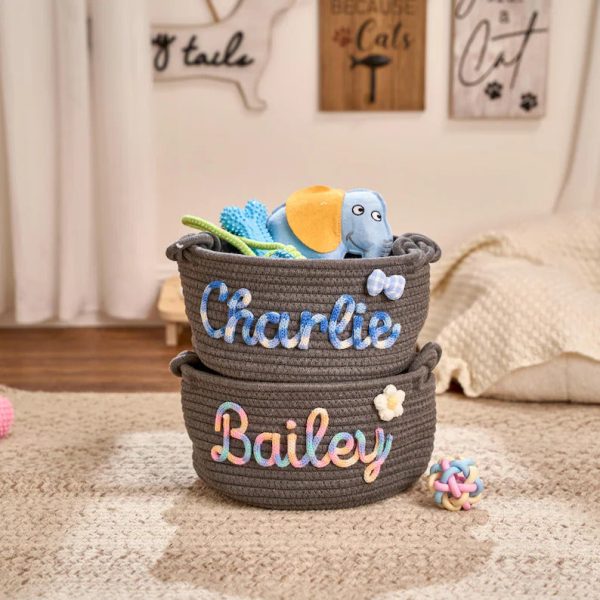 Personalized Pet Toy Basket – Custom Woven Storage Basket with Name, Dog or Cat Toy Organizer, Pet Gift Basket