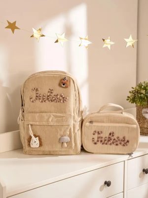 Personalized Corduroy Backpack and Lunch Bag Set – Custom Name School Bag for Kids, Toddler Preschool Bag, Back to School Gift
