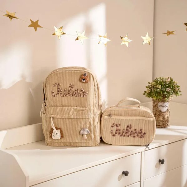 Personalized Corduroy Backpack and Lunch Bag Set – Custom Name School Bag for Kids, Toddler Preschool Bag, Back to School Gift