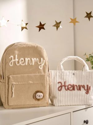 Personalized Corduroy Backpack and Tote Bag Set – Custom Kids Name School Bag, Toddler Preschool Gift, Back to School Essentials