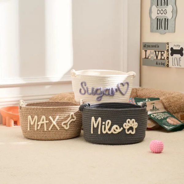 Personalized Pet Toy Basket – Custom Woven Storage Basket with Name, Dog or Cat Toy Organizer, Pet Gift Basket