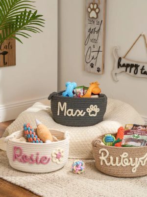 Personalized Pet Toy Basket – Custom Woven Storage Basket with Name, Dog or Cat Toy Organizer, Pet Gift Basket