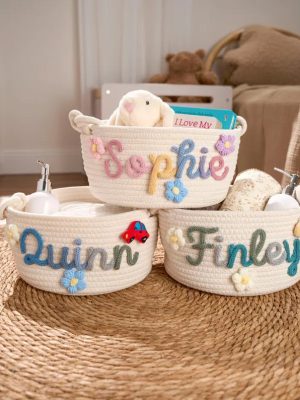 Personalized Woven Basket – Custom Name Storage Basket for Baby Toys, Nursery Organizer or Pet Toy Bin, Handmade Gift