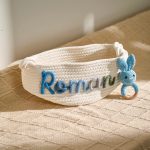 Personalized Baby Gift Set – Custom Name Basket and Crochet Rattle, Handmade Newborn Gift, Baby Shower Present for Boys & Girls
